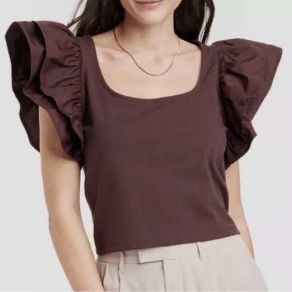 a new day Tops - Women’s A New Day Double Flutter Short Sleeve Slim Fit Top Butterfly Ruffle XL